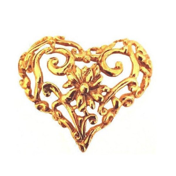 CHRISTIAN LACROIX ~ Authentic Vintage Gold Plated Flowery Heart Brooch - CL