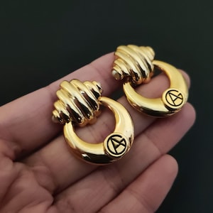 GIORGIO ARMANI ~ Authentic Vintage Gold Plated Clip-On Earrings - Monogram Logo