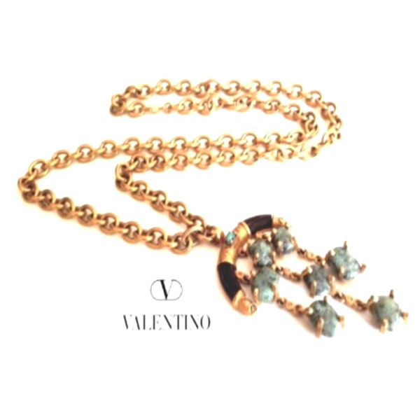 VALENTINO GARAVANI ~ Authentic Vintage Gold Plated Chain/Long Necklace - Faux Turquoise Stone - Moon - Bohemian Gypsy