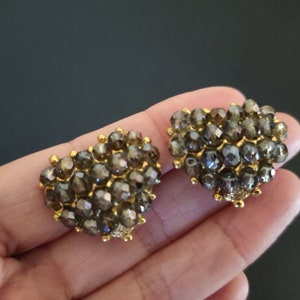 CHRISTIAN LACROIX ~ Authentic Vintage Gold Plated & Anthracite Grey Heart Clip-On Earrings - CL - Beads