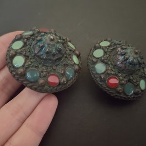 JP GAULTIER ~ Authentic Vintage Massive Round Patina Metal Clip On Earrings - Ethnic Tribal Tattoo - 1993