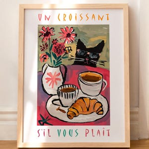 Cat Print Retro Funny Bistro Coffee Posters Un Croissant Sil Vous Plait Kitchen Decor French Cafe WHITOUT FRAME