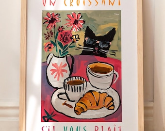 Katttryck Retro Roliga Bistro Kaffe Posters Un Croissant Sil Vous Plait Köksinredning Franskt Café UTAN RAM