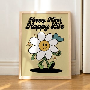 Happy Mind Happy Life Wall Print Cute Retro Wall Art Inspirational Print Nursery Decor WITHOUT FRAME