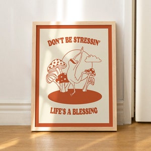 Retro Frog Wall Print Vintage Mushroom Illustration Large Trendy 70s Poster Orange Positive Quote WITHOUT FRAME