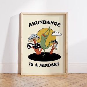 Impresión de hongo estrafalario, arte de pared de rana retro, póster de salud mental feliz, impresión de cuidado personal de moda de los años 70, decoración de pared con cita positiva SIN MARCO