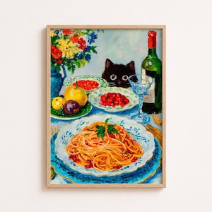 More Spaghetti Less Upsetti Cat Print Dinner Poster Bistro Dining Pasta Posters Italian Kitchen Wall Decor