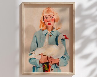 Konsttryck Flicka med svan Samtida porträtt Väggkonst, Elegant Figurativ Heminredning