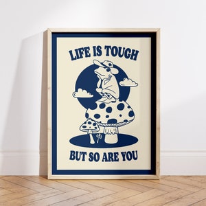 Póster de arte de pared con estampado de rana azul retro, moderno póster de los años 70 con estampado de autocuidado, decoración de pared con cita positiva, hongo maravilloso SIN MARCO