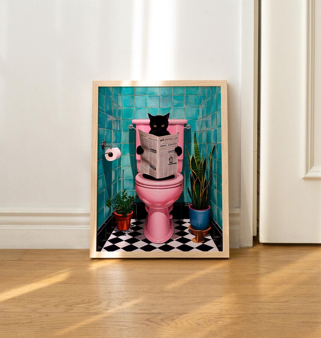 Bath Black Cat Print Funny Poster Wall Decor Pooping Print Toilet Wall ...