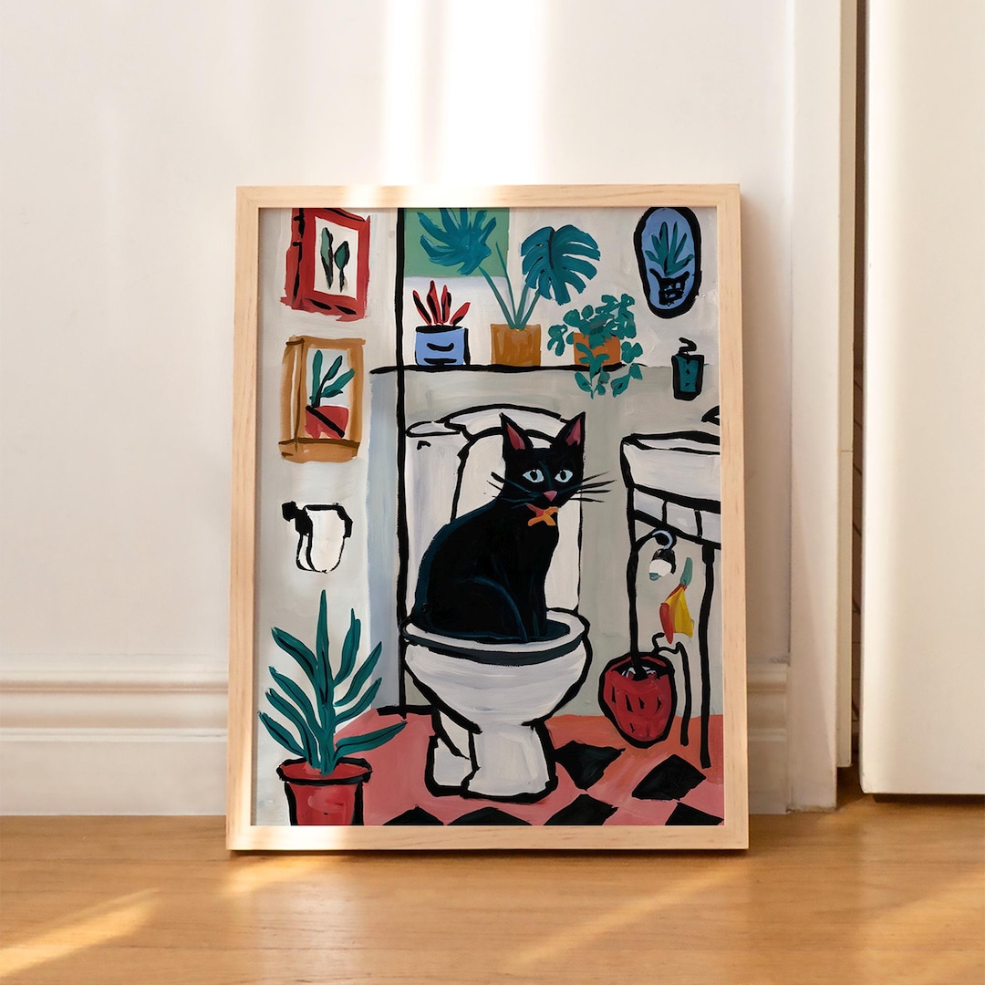Bathroom Cat Print Matisse Funny Poster Wall Decor Pooping Print Toilet ...
