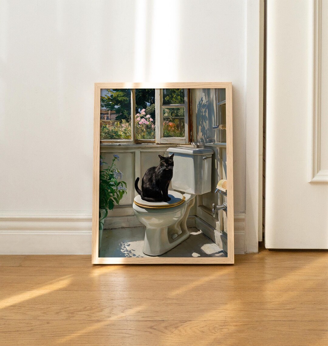 Bath Black Cat Print Funny Monet Poster Wall Decor Pooping Print Toilet ...