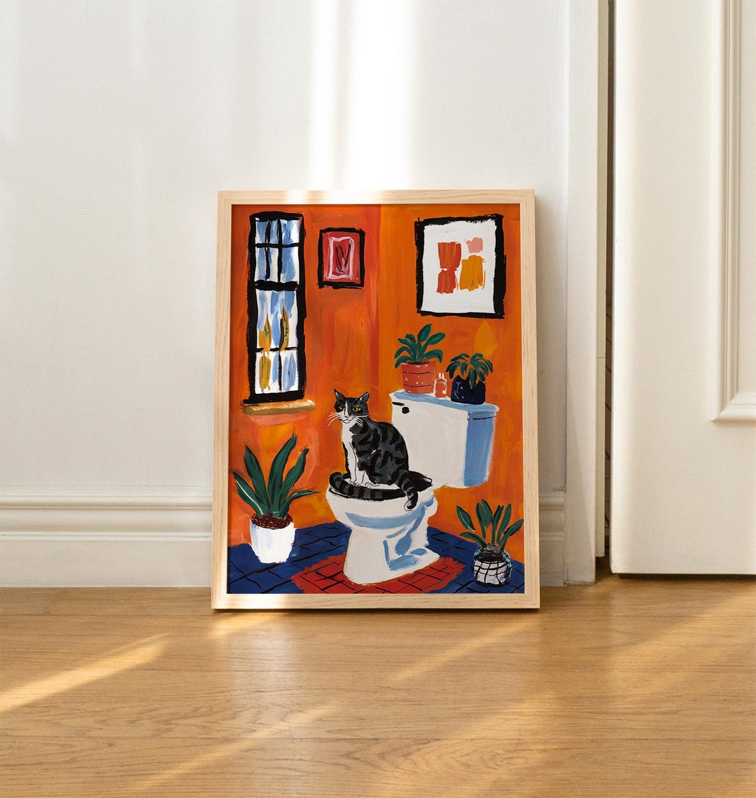 Bath Cat Print Matisse Funny Poster Wall Decor Pooping Print Orange ...