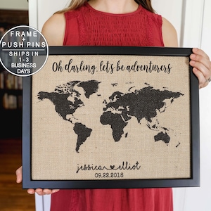 Burlap Push Pin Travel Map Push Pin Map Wedding Anniversary Gift for Couple Newlywed Gift Adventure Awaits World Map Engagement Gift Idea image 1