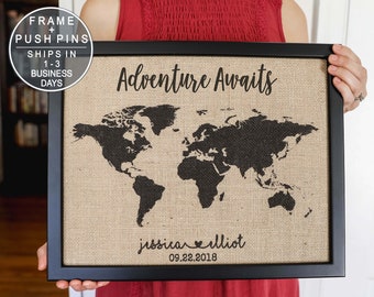 Travel Map Anniversary Gifts for Men Custom Gift for Boyfriend Burlap Push Pin Travel Wedding Gift for Couple Adventure Awaits World Map