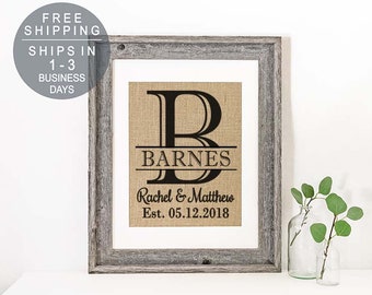 Burlap Wedding Gift Personalized Burlap Monogrammed Print Burlap Family Name Sign