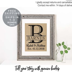 Burlap Wedding Gift Personalized Burlap Monogrammed Print Burlap Family Name Sign image 1