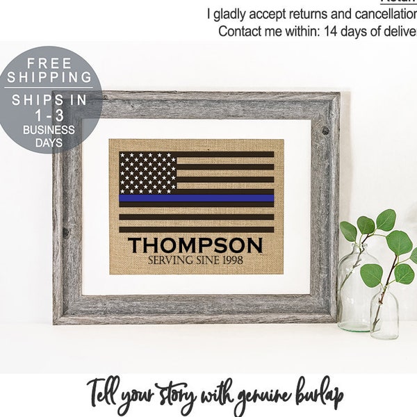 Thin Blue Line Family Name Burlap Print, LEO Sign, LEO Decor, Law Enforcement Retirement Gift, Police Officer Husband, Police Wedding Gift