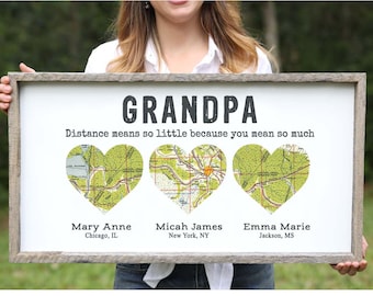 Fathers Day Gift Farmhouse Sign Personalized Gift for Grandpa Gift Wood Sign Custom Heart Map Grandfather Gift for Papa Gift from Grandkids