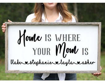 Mother's Day Personalized Gifts for Mom Home is Where Mom Is Wooden Sign Farmhouse Rustic Mom Sign Mom Gift From Kids Childrens Names