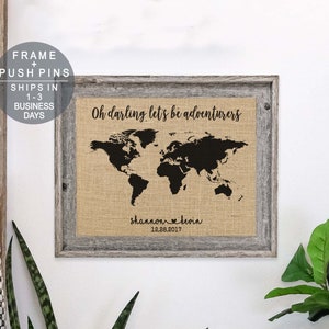 Burlap Push Pin Travel Map Push Pin Map Wedding Anniversary Gift for Couple Newlywed Gift Adventure Awaits World Map Engagement Gift Idea image 3