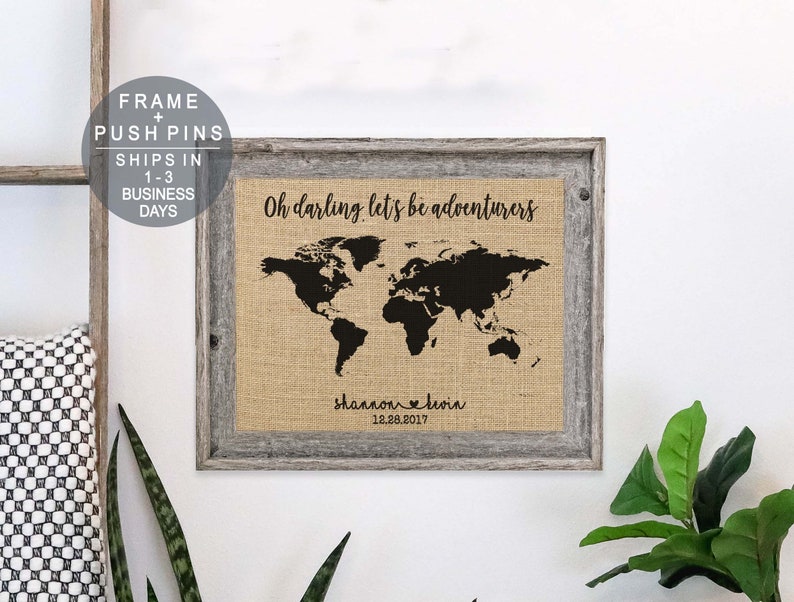 Burlap Push Pin Travel Map Push Pin Map Wedding Anniversary Gift for Couple Newlywed Gift Adventure Awaits World Map Engagement Gift Idea image 3