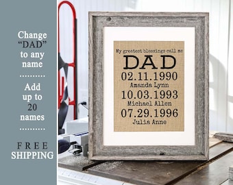 Personalized Fathers Day Gift for Dad from Son Gift for Dad from Daughter Family Birthdays Printed on Burlap Gift for Dad Birthday Wedding
