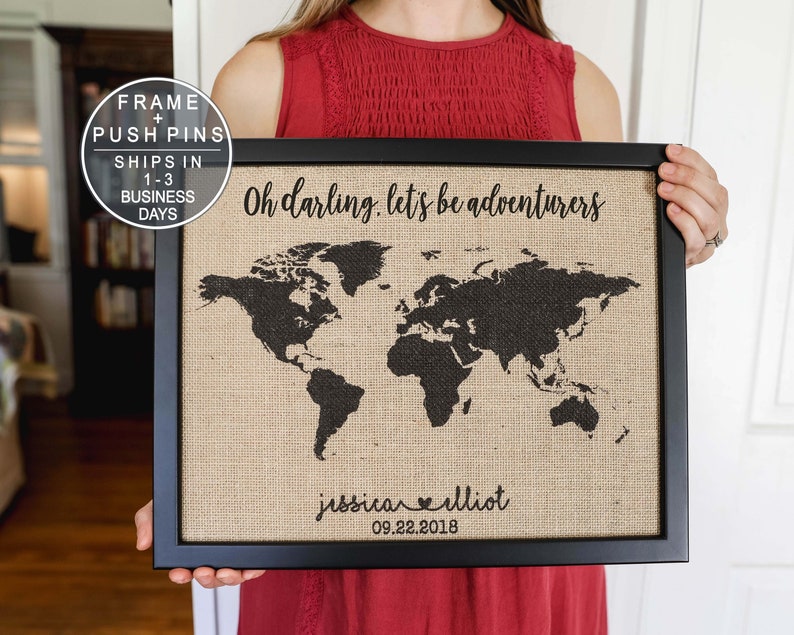 Burlap Push Pin Travel Map Push Pin Map Wedding Anniversary Gift for Couple Newlywed Gift Adventure Awaits World Map Engagement Gift Idea image 1