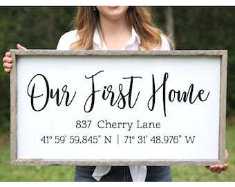 Our First Home Farmhouse Wood Sign Coordinates Sign Realtor Closing Gift Latitude Longitude Sign, Housewarming Gift Home Coordinates Sign