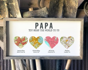 Fathers Day Gift Farmhouse Sign Personalized Gift for Grandpa Gift Wood Sign Heart Map Grandfather Gift for Papa Gift from Grandkids