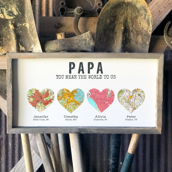 Fathers Day Gift Farmhouse Sign Personalized Gift for Grandpa Gift Wood Sign Heart Map Grandfather Gift for Papa Gift from Grandkids