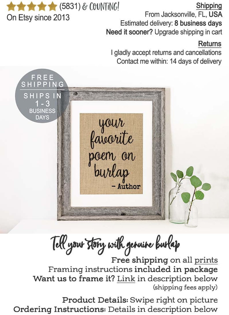 Custom Poem Print on Burlap, Custom Poem Print, Personalized Poem Print, Poem, 1st Anniversary Gift, Girlfriend Gift, Boyfriend Gift, Verse image 1