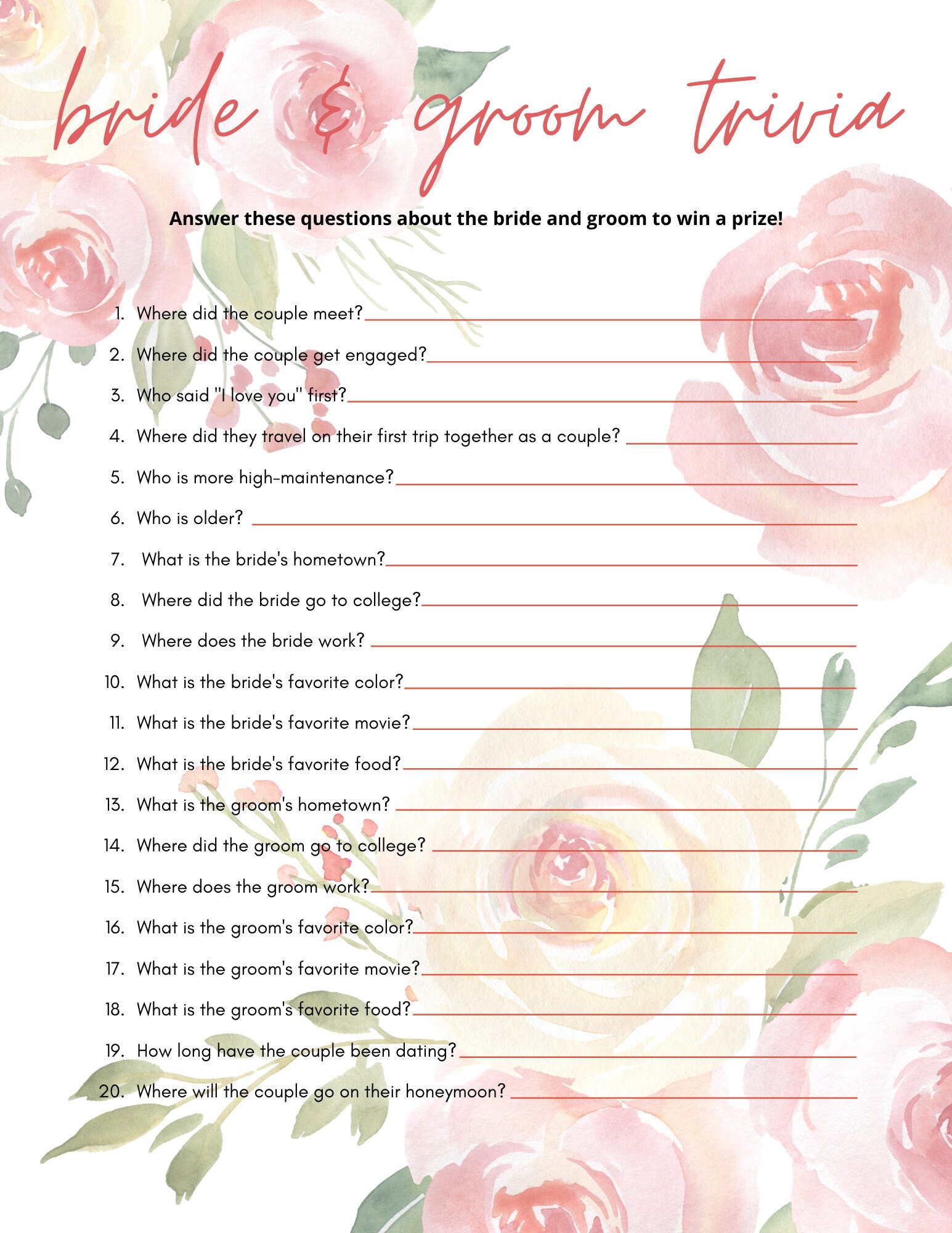 Bridal Shower Trivia Game / Bride and Groom / Watercolor Etsy