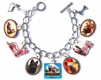 Handmade Skye Terrier Dog Charm Bracelet Vintage Altered Art Label Pewter Charms