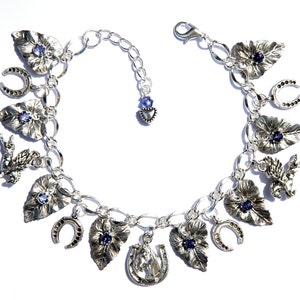 Handmade Pegasus Flying Winged Horse Charm Bracelet Silver Plated Pewter Horseshoes Leaf Tanzanite Swarovski Crystal Rhinestone Drops