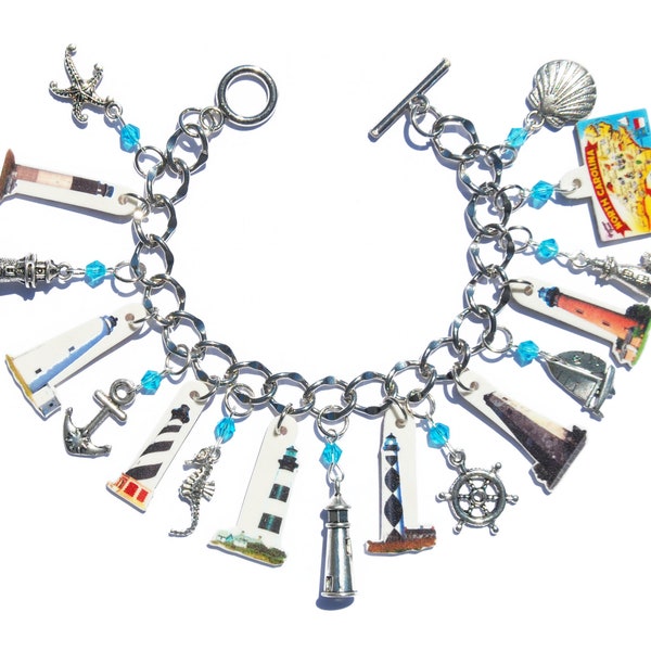 Handmade North Carolina Lighthouse Charm Bracelet Turquoise Blue Glass Beads Pewter Charms Cape Hatteras Vintage Pictures Postcard