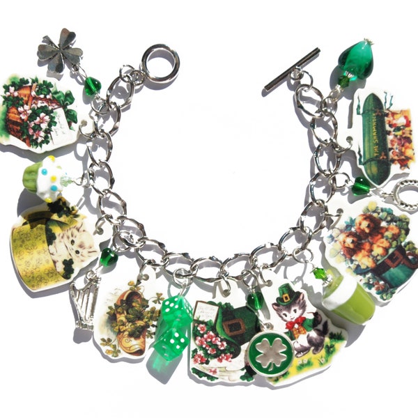 Handmade St. Patrick's Day Charm Bracelet Vintage Altered Art Cards Irish Setter Dog Kitten Ireland Shamrock Clover Green Glass Metal Beads