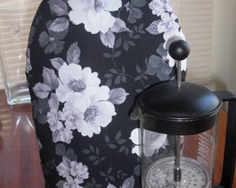 French Press Coffee Cozy Cafetaire Cover Black and White and Gray Bold Floral