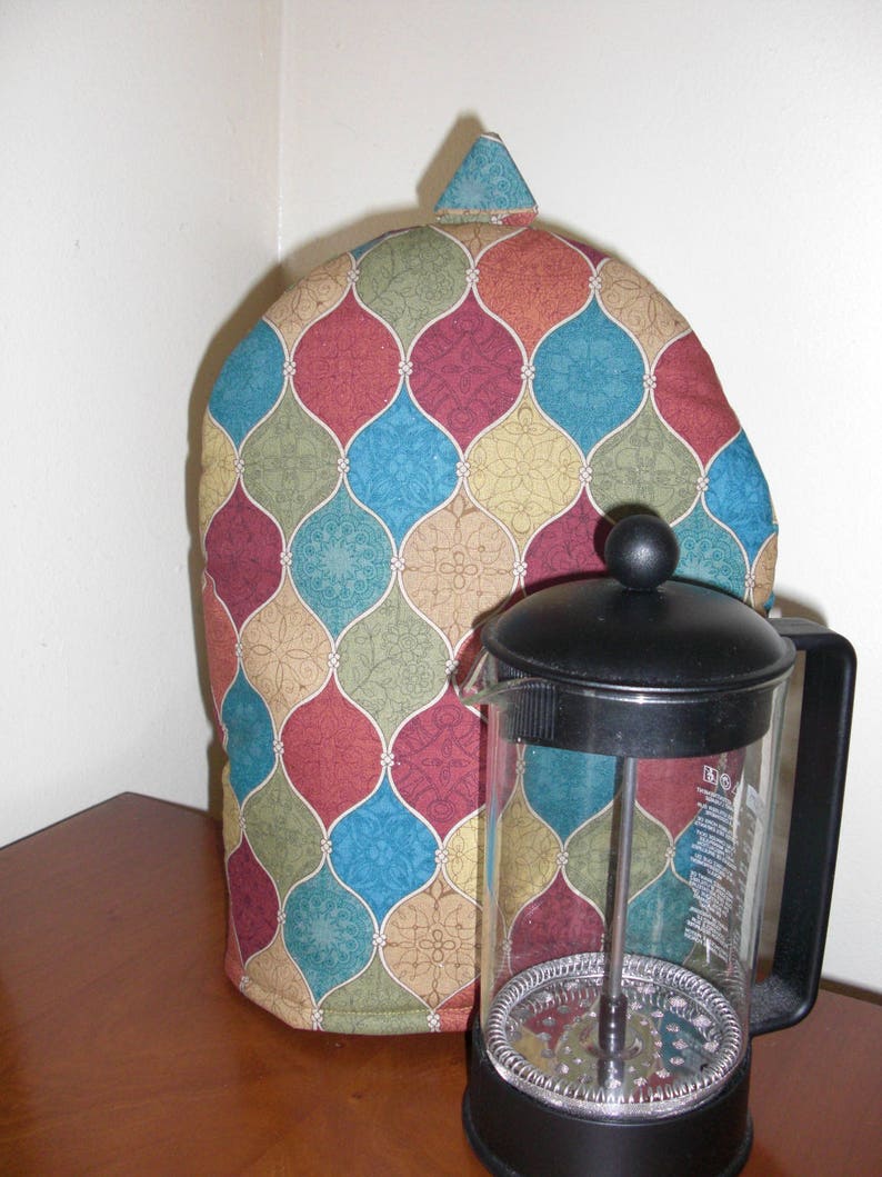 French Press Coffee Cozy Multocolored Fabric in Gold, Teal, Rust, and Red Insulated with InsulBright and Warm Fleece image 3