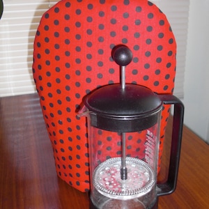 French Coffee Press Cozy Cafetaire Cover Insulated with InsulBright and Warm Fleece Red With Black Polka Dots