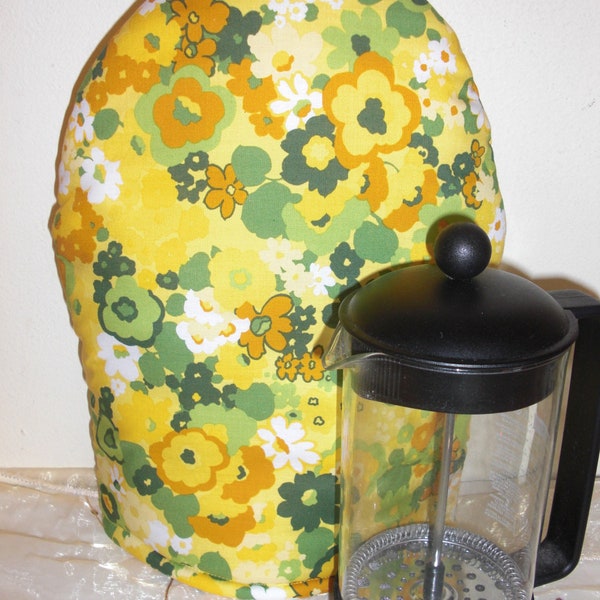 French Coffee Press Cozy InsulBright and Warm Fleece Yellow and Green Print - Keeps Coffee Very Hot - Double Insulated