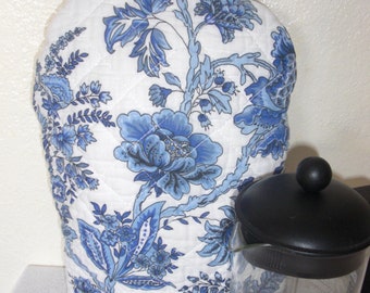 Quilted French Press Coffee Cozy- Quilted Blue and White Chinoiserie Floral - Double Insulated Cafetaire Cover Pretty Keeps Coffee Very Hot