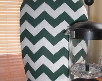 French Press Coffee Cozy Hunter Green and Cream Chevron- Insulated with InsulBright and Warm Fleece