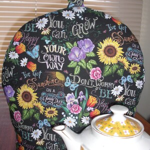 Teapot Cozy - Teapot Cover - Double Insulated - Cheerful Black Garden Print- Made with Insul-Bright and Warm Fleece