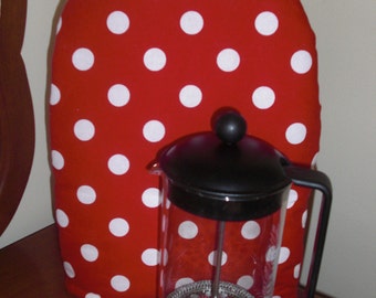 French Coffee Press Cozy Cafetaire Cover Insulated with InsulBright and Warm Fleece Red Polka Dots