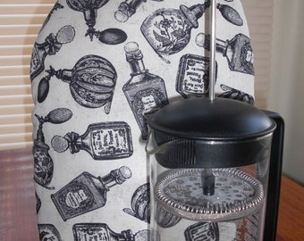 French Press Coffee Cozy Cafetaire Cover Black and Beige Antique Bottles - Keeps Coffee Hot