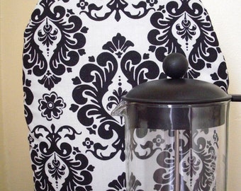 French Press Coffee Cozy Black and White Damask Insulated with InsulBright and Warm Fleece