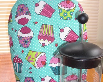 French Press Coffee Cozy Bright and Colorful Fun Cupcake Fabric- Insulated with InsulBright and Warm Fleece - Double Insulated