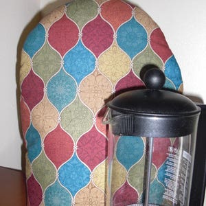 French Press Coffee Cozy Multocolored Fabric in Gold, Teal, Rust, and Red Insulated with InsulBright and Warm Fleece