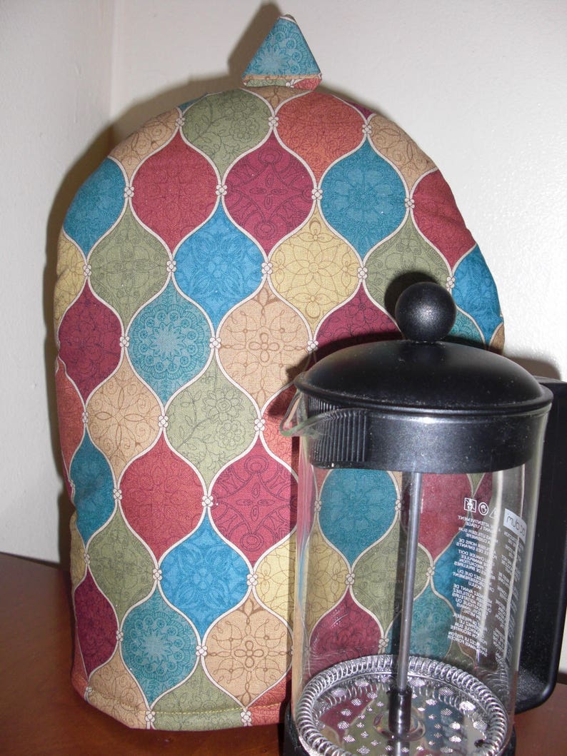 French Press Coffee Cozy Multocolored Fabric in Gold, Teal, Rust, and Red Insulated with InsulBright and Warm Fleece image 1